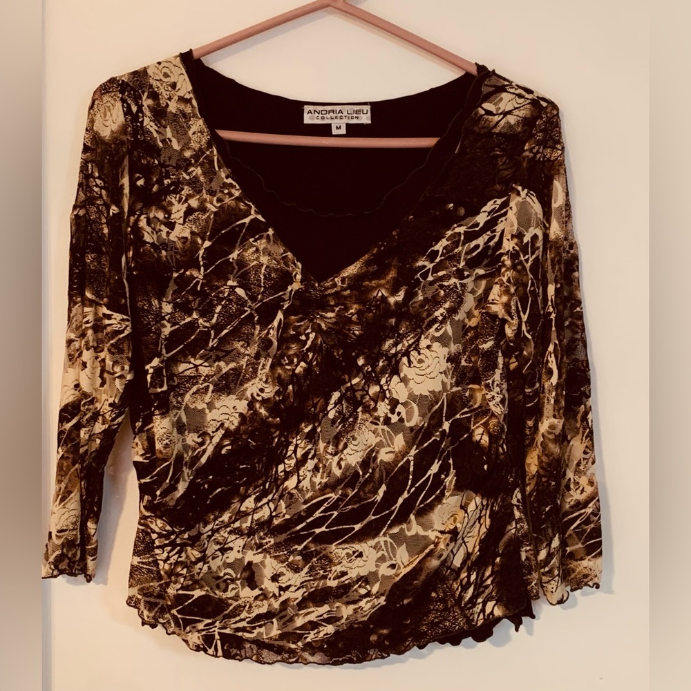 Andrea Lieu Brown and Cream Blouse M